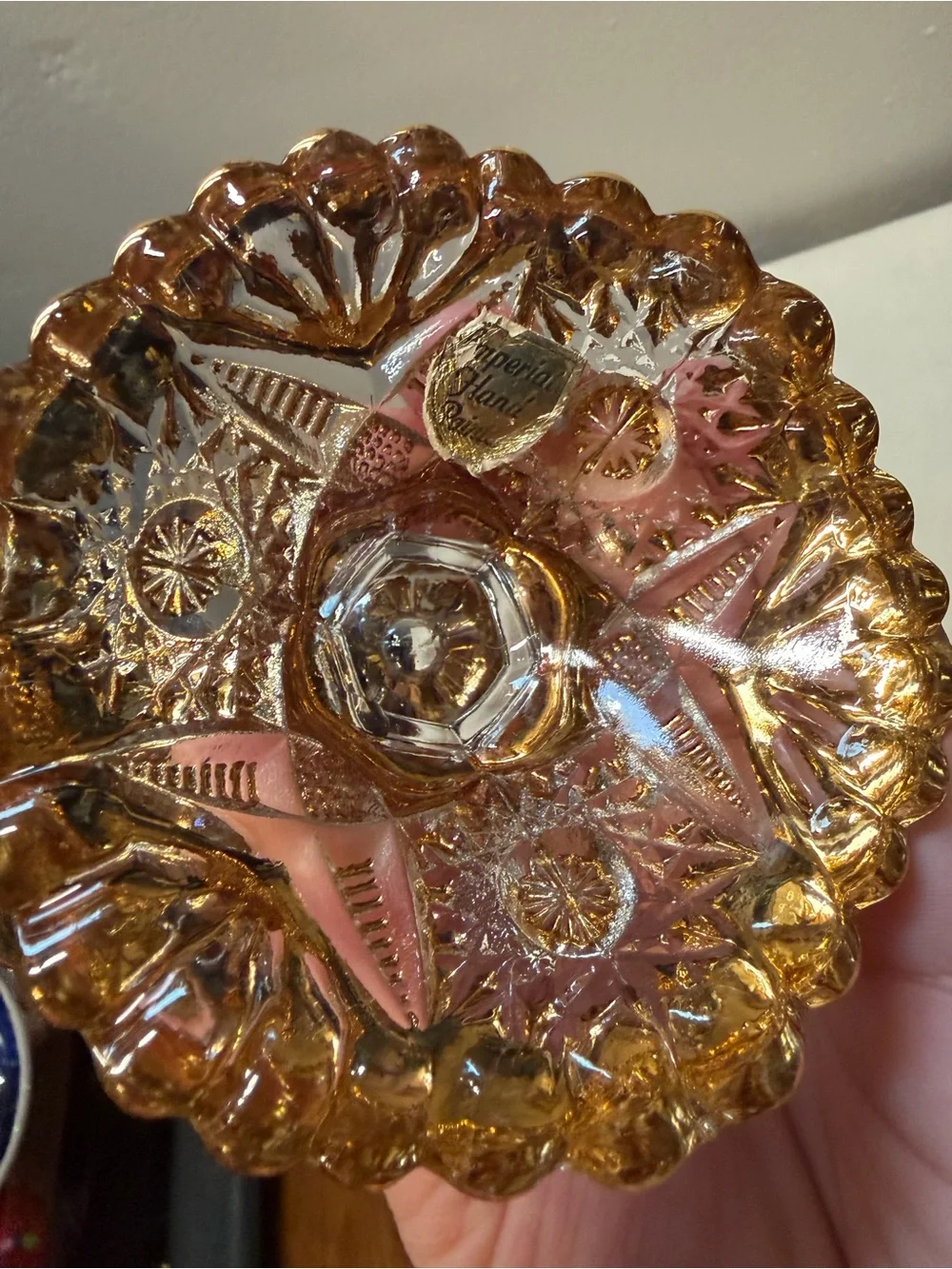Vintage Imperial Glass Hand Painted Gold Pedestal Compote Candy Dish